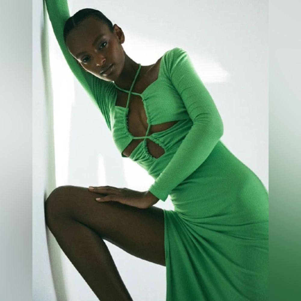 Lama Jouni Cut Out Strappy Midi Dress Women’s Size Small Long Sleeve Green